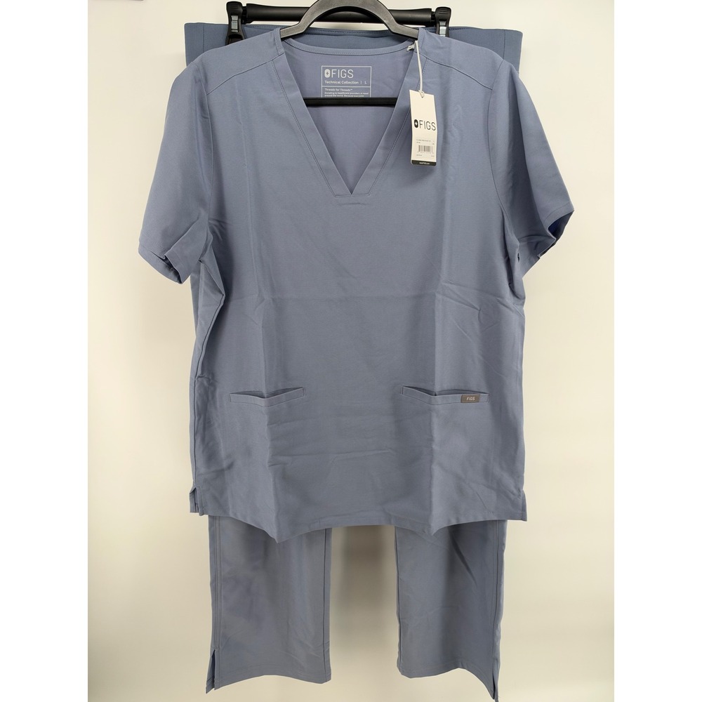 FIGS Technical Collection Scrub Set Casma Top Kade Cargo Pants Blue Gray Large